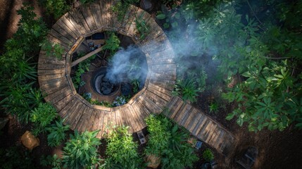 Fototapeta premium Gentle smoke rises from a treefiber forge nestled within a circular wooden platform, surrounded by vibrant green plants, showcasing a commitment to eco friendly practices