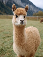 Fototapeta premium Adorable alpaca in scenic pasture with mountain backdrop.