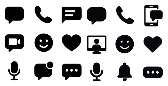 Communication and chat solid icons set – filled, messaging, social symbols