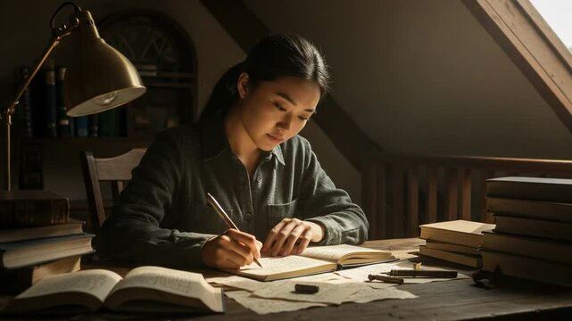 A studious young Asian woman writes in a notebook at a desk in a sunlit attic. Focused female student or author working in a quiet, vintage library.