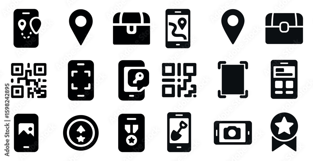 Aufkleber navigation and technology solid icons set – map, qr code, digital symbols