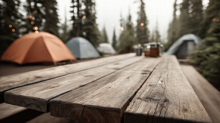 Wooden table with blurred camping tents and forest background creating calm outdoor scene