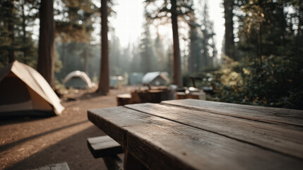 Wooden table in forest campsite with blurred tents and sunlight creating warm mood