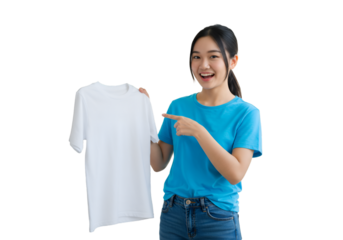 Photo of Young Woman in Blue T-Shirt Pointing at Blank White Isolated T-Shirt on Transparent Background