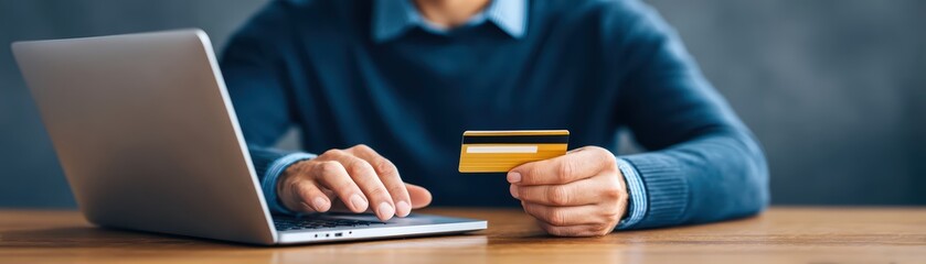 Man Using Laptop for Online Shopping with Credit Card