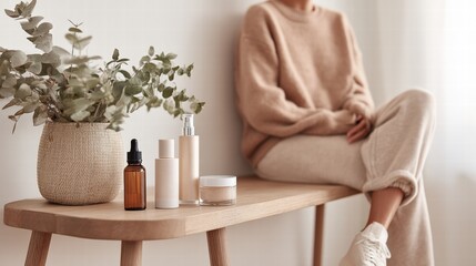Young woman sitting on wooden table with skincare products and dried eucalyptus plant