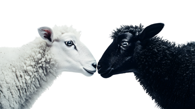 Professional Studio Portrait of Black and White Sheep Isolated on White Background