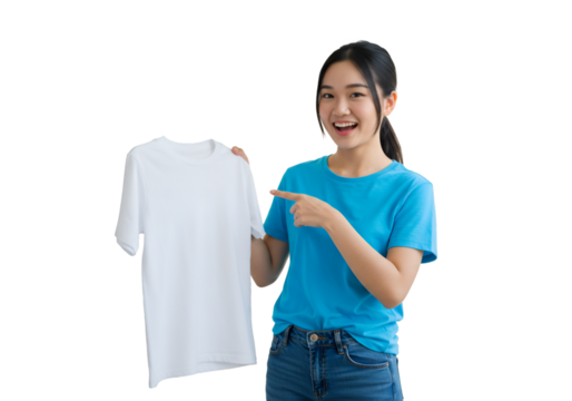 Photo of Young Woman in Blue T-Shirt Pointing at Blank White Isolated T-Shirt on Transparent Background