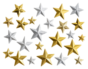 set Gold and Silver Glitter Stars Scattered in Random Layout, Flat Lay