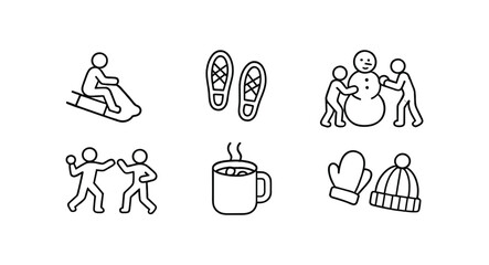 Fototapeta premium Winter activities icon set. outdoor, play, and cozy symbols in line style
