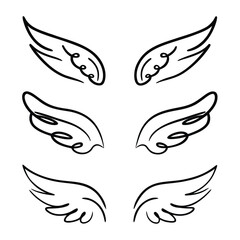 Three Pairs of Stylized Black Outline Wings on White Background angel bird