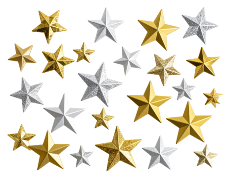 set Gold and Silver Glitter Stars Scattered in Random Layout, Flat Lay