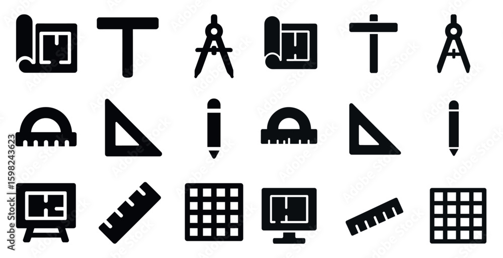 Poster architecture tools solid icons set – filled, drafting, blueprint symbols