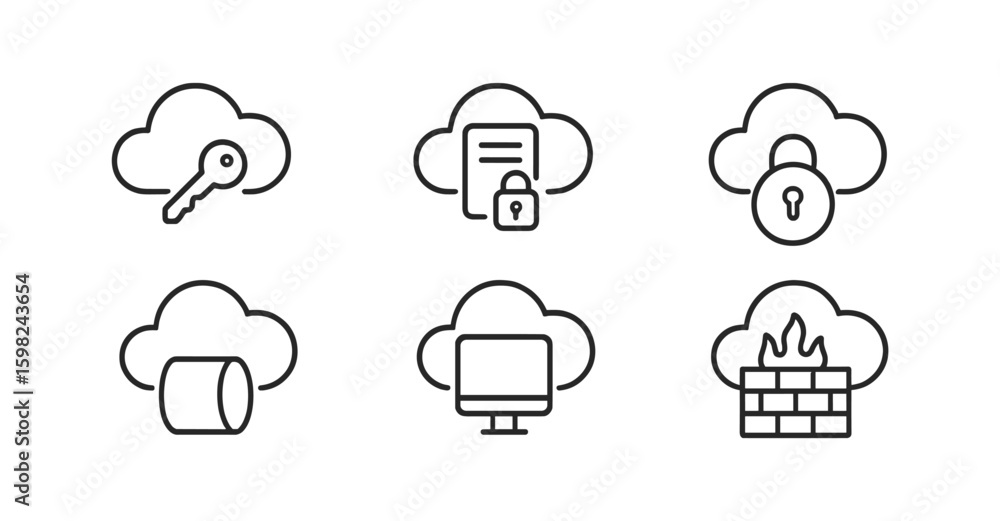 Poster cloud security outline icon set. digital protection, cybersecurity symbols in line style