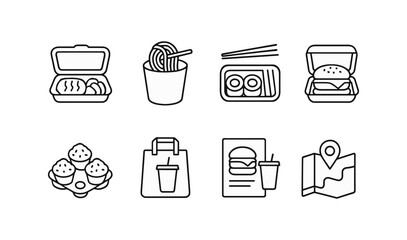 Food and drink outline icon set. takeout, snacks, fast food line art collection