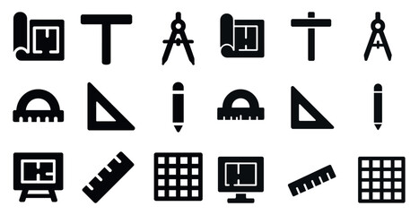 Architecture tools solid icons set – filled, drafting, blueprint symbols