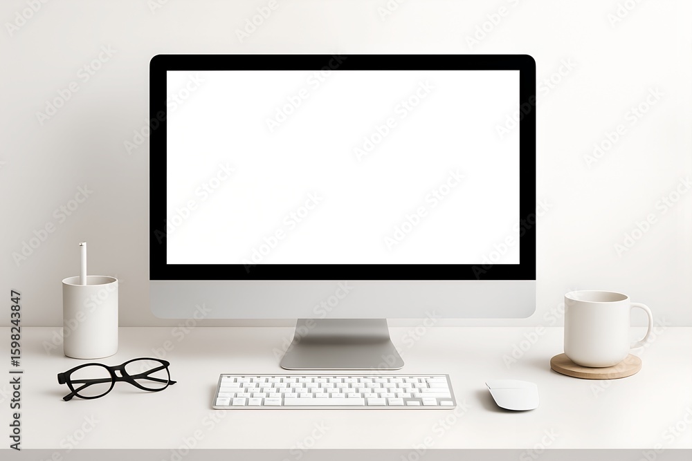 Poster modern computer setup with blank screen keyboard mouse and glasses on white desk