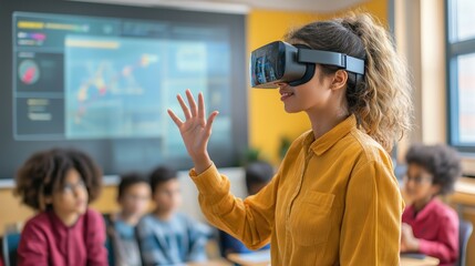 Female Student Engaged in Virtual Reality Learning in Classroom