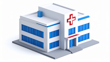 Isometric 3D render of a modern hospital building, a medical clinic with a red cross emblem, isolated on a white background.
