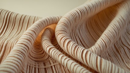 Close-up of textured fabric with wavy, concentric ridges and folds, showcasing detailed fabric craftsmanship and pattern.