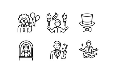 Fototapeta premium Circus, magic line icon set. clown, magician, juggler fun collection