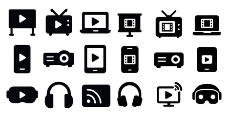 Multimedia silhouette icons set &ndash; solid, filled, video and audio symbols