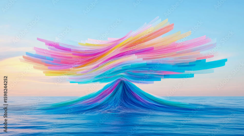 Poster a vibrant abstract flow of multicolored fluid elements emerging dynamically from a tranquil blue oce