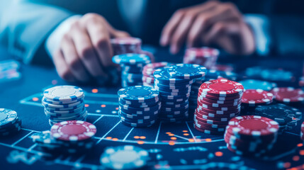 A high-stakes game at a vibrant casino table with stacks of colorful poker chips, capturing the thrilling concept of chance and betting.