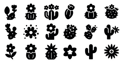 Cactus and flower silhouette icons set – outline, solid, nature and plant symbols
