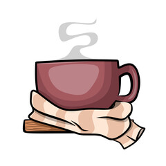 Hand holding warm autumn drink in cozy cup with steam and scarf illustration for seasonal comfort and relaxation