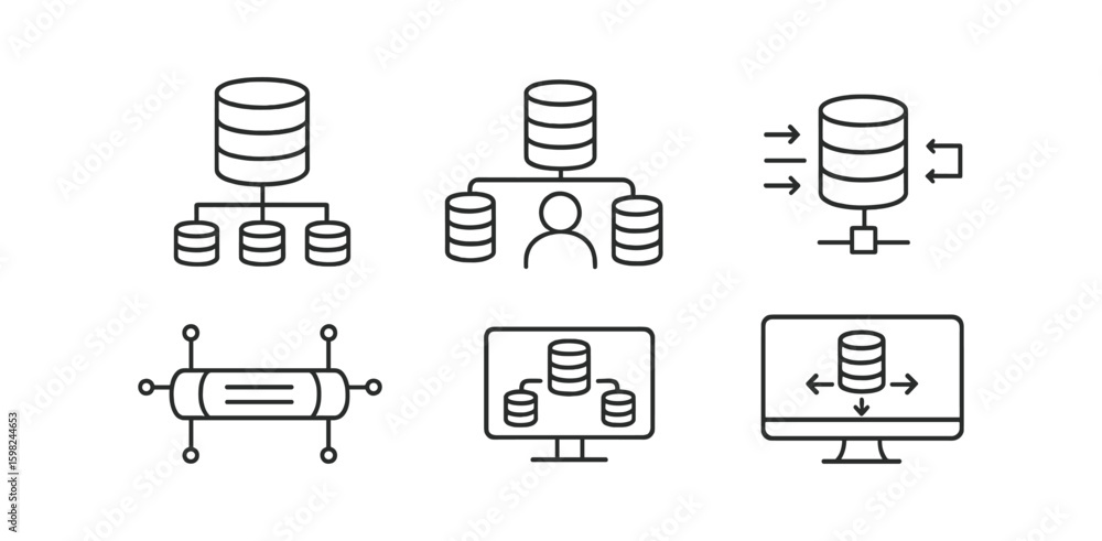 Poster database management outline icon set. data storage, network, server icons collection