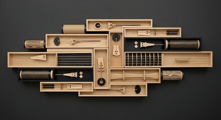 Obraz premium Artistic wall display featuring a deconstructed musical instrument, with meticulously arranged light wood and metallic gold components set within a sophisticated grid, modern Abstract Wall Art.