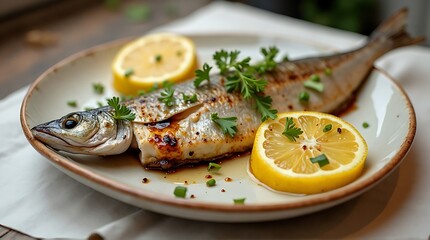 Grilled fish garnished with lemon slices and fresh parsley, served on an elegant plate.