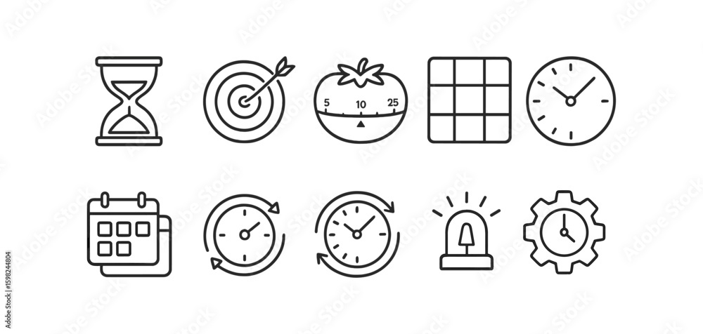 Poster time management and task planning line icon set for productivity enthusiasts