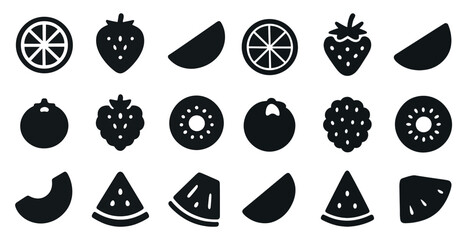 Fruit silhouette icons set – solid, filled, berry and juicy snack symbols