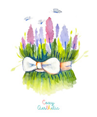 A drawing with watercolor lavender flowers in a romantic bouquet. Hand drawn illustration for a greeting card, wallpaper, or interior design.