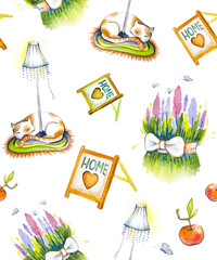 Seamless background with cute cats in cozy fashion accessories. Hand-drawn watercolor drawing with vintage accessories for interior design, fabric, or decoration