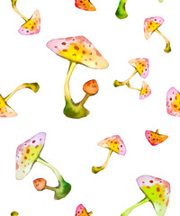 Watercolor seamless background with forest mushrooms . Hand-drawn botanical objects in vintage pastel colors