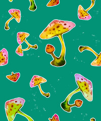 Watercolor seamless background with forest mushrooms . Hand-drawn botanical objects in vintage pastel colors