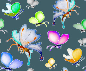 Colorful seamless background with butterflies. Hand drawn vintage style batik illustration for wallpaper or fabric.