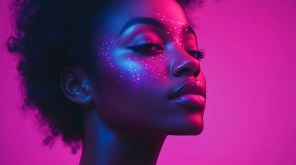 Close-up portrait of a woman with vibrant face paint.