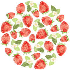 A frame with watercolor strawberries and strawberry leaves isolated. Hand drawn illustration.