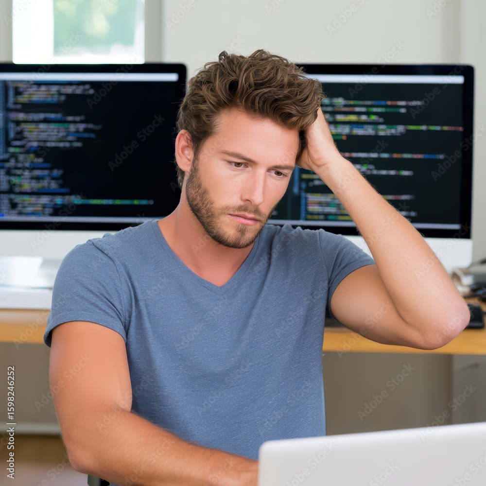 Poster young man concentrating on coding in modern office environment