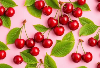 Luscious red cherries & vibrant green leaves repeating pattern on a soft pink background,  seamless,  juicy