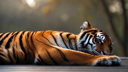 A tiger lying down and extending its paw, showcasing its fur pattern and relaxed posture.