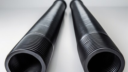 Two large black corrugated pipes positioned parallel on a light grey surface.