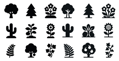 Nature and plant silhouette icons set – outline, filled, greenery and botanical symbols