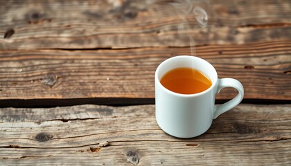 Obraz premium Steaming tea in a white mug rests on a rustic wooden table, mug, morning