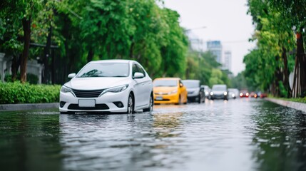White Car Driving Through Flooded Street in Urban Area