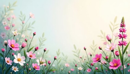 Delicate wildflowers & vines, soft pastel hues, closeup, summer